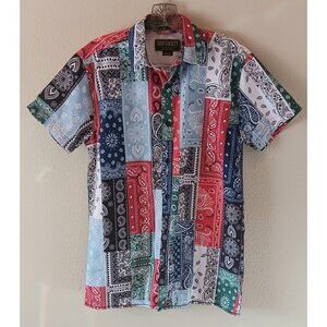 3/10 SURF SOCIETY Swimwear Bandana  Print Shirt M Beachy Artsy Funky Patchwork